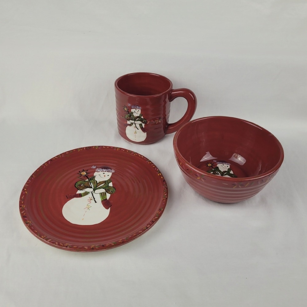 Tracy Porter Jingle Bell Snowman Red Ceramic Plate Bowl Mug 3 Piece Set
